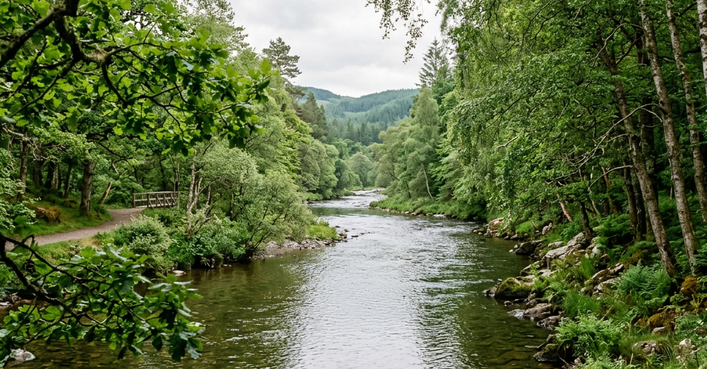 River flowing through dense green forest with walking path and wooden bridge